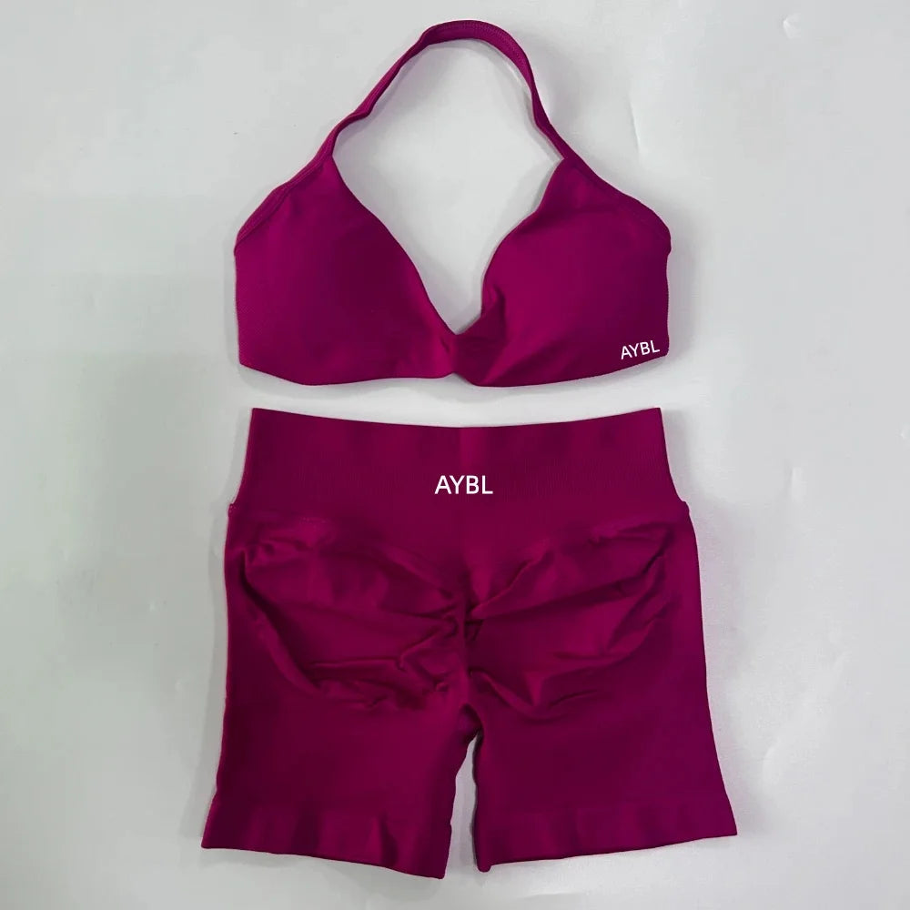 Trendy 2PCS Gym Set Women Strappy Yoga Bra Top High Waist Workout Scrunch Shorts Sports Suit Seamless Yoga Set Fitness Clothes Tahsi Fashion House