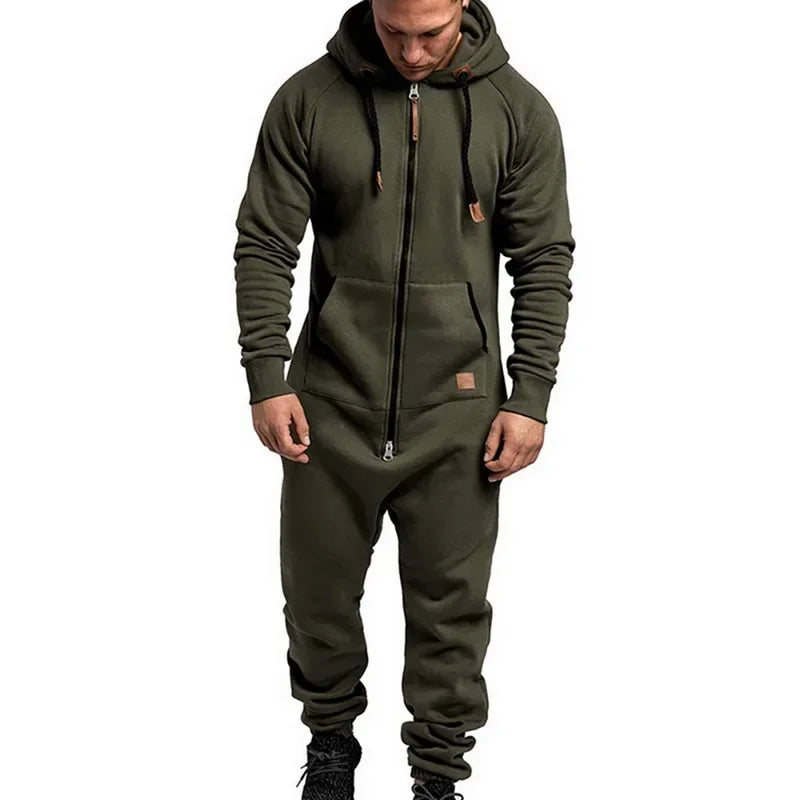 New Custom Design Jumpsuit Pajamas Long-sleeved sports pants solid color splicing casual sweater men's zipper hoodie - ATFH
