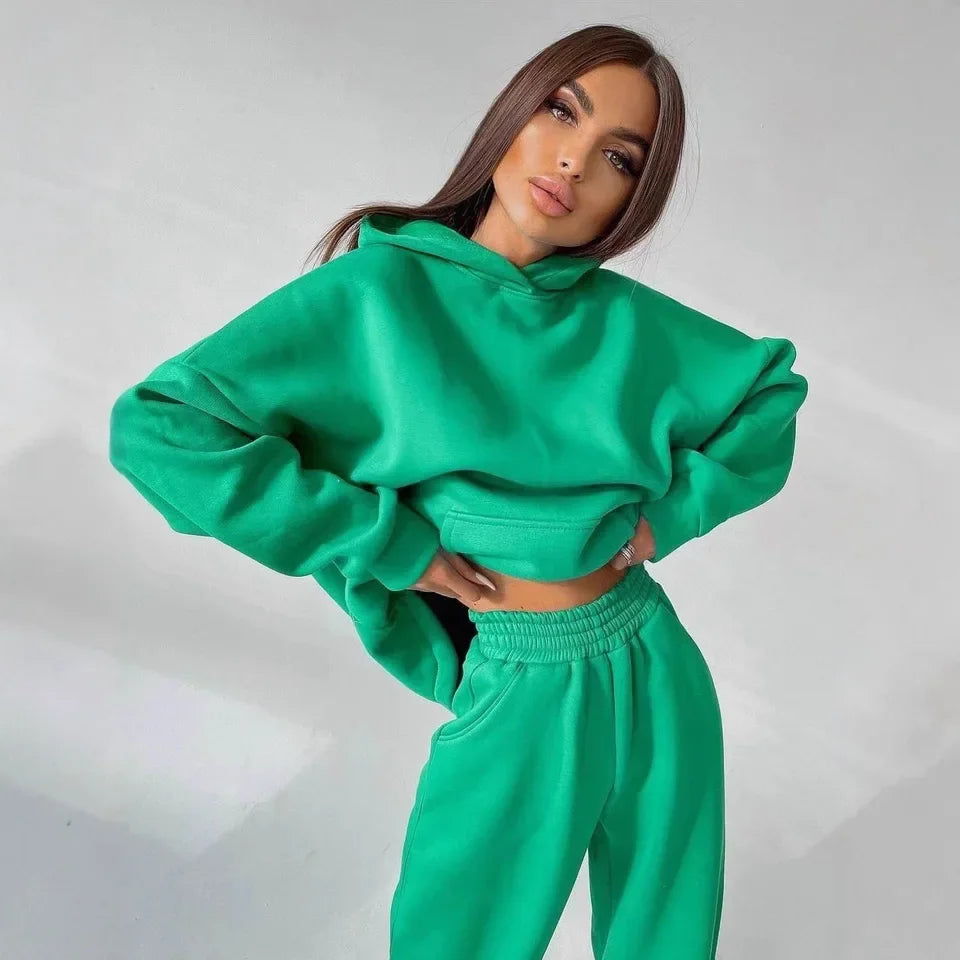 2025 New Autumn Winter Hooded Pocket Loose Sweatshirt Set Women Multi Color Options Casual Sport Two Piece Outfit