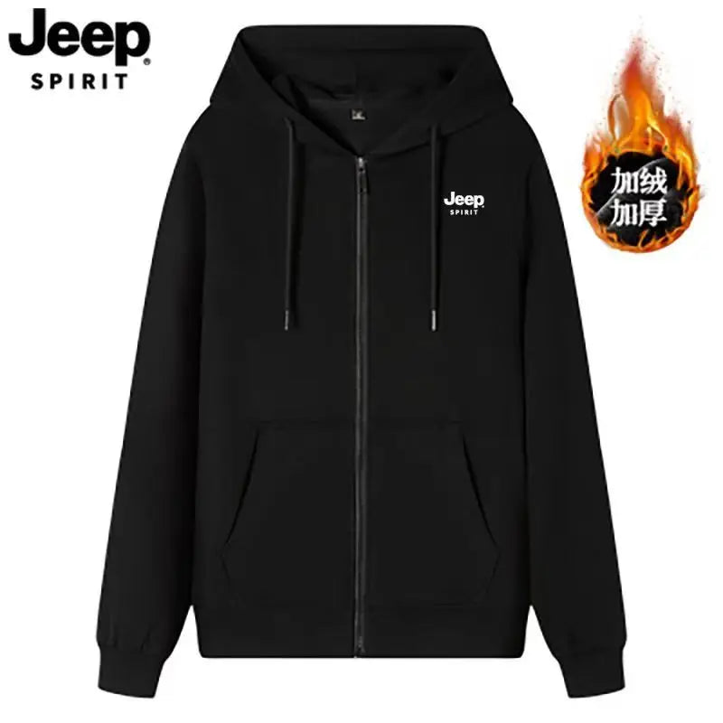 JEEP Jeep cardigan sweatshirt zipper men's versatile casual hooded thick coat loose top with fleece - ATFH