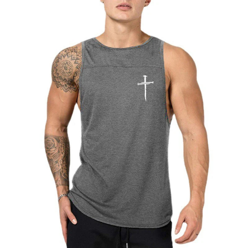 Personalized Cross Print Gym Bodybuilding Sleeveless Stringer Tank Tops Cotton Breathable Cool Mens Fitness Casual Loose Shirts