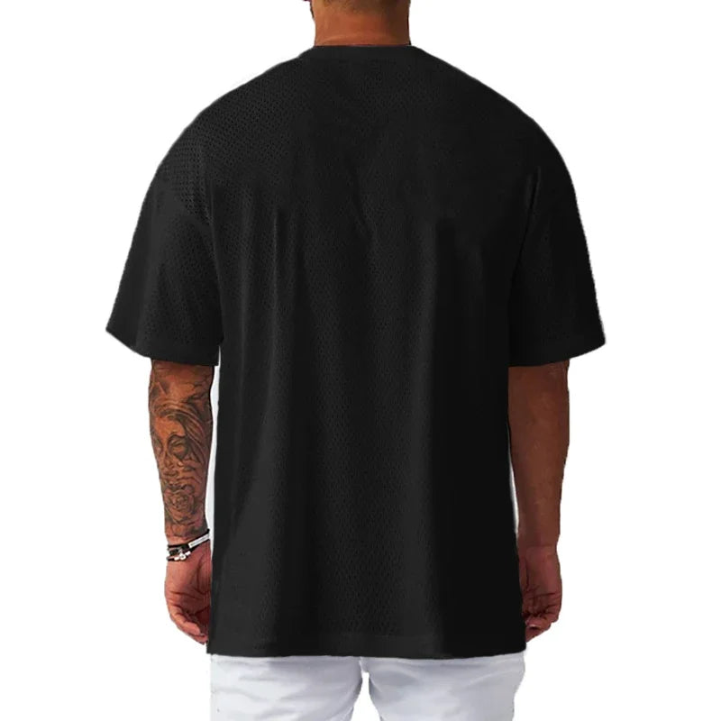 Summer Mesh Breathable Quick Dry Clothing Men Bodybuilding Hip Hop Short Sleeve Sport T-shirt Gym Fitness Oversized Loose Shirts ATFH