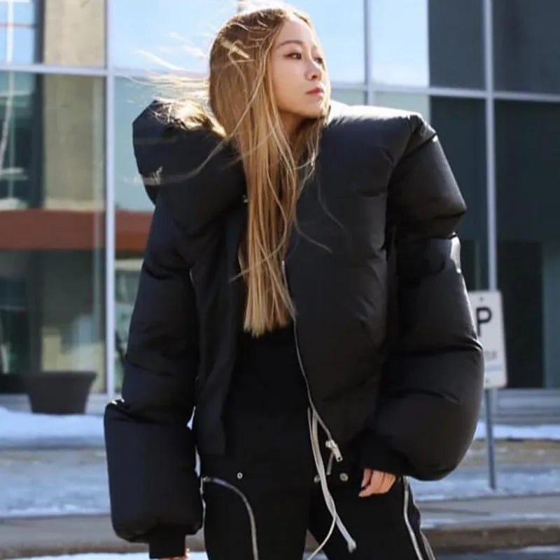 Women's Winter Autumn Tops Coat Splicing Cotton Clothes Press Button Neck Warm Pure Color Simple Loose Design High New Versatile ATFH