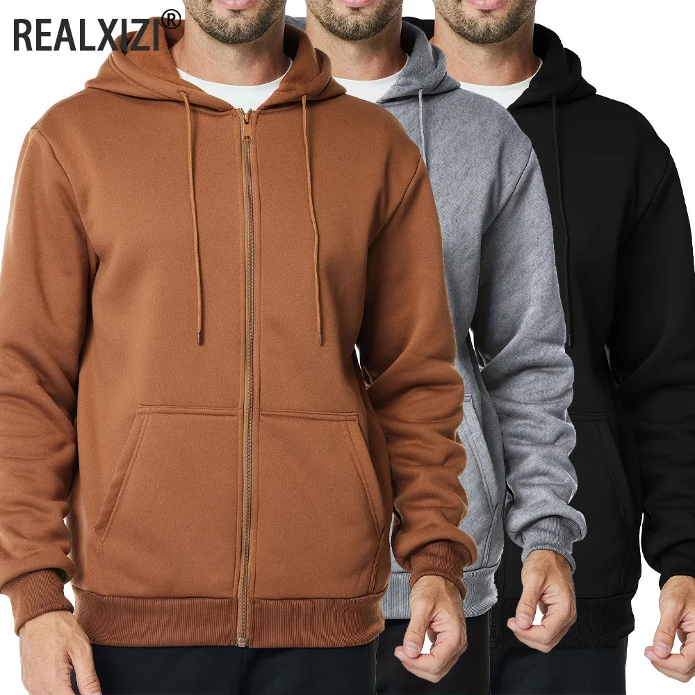 Men's casual sports zipper Hooded Jacket solid color Hooded Sweatshirts Men's Cardigan coat Casual Male Jacket Sportwear - ATFH