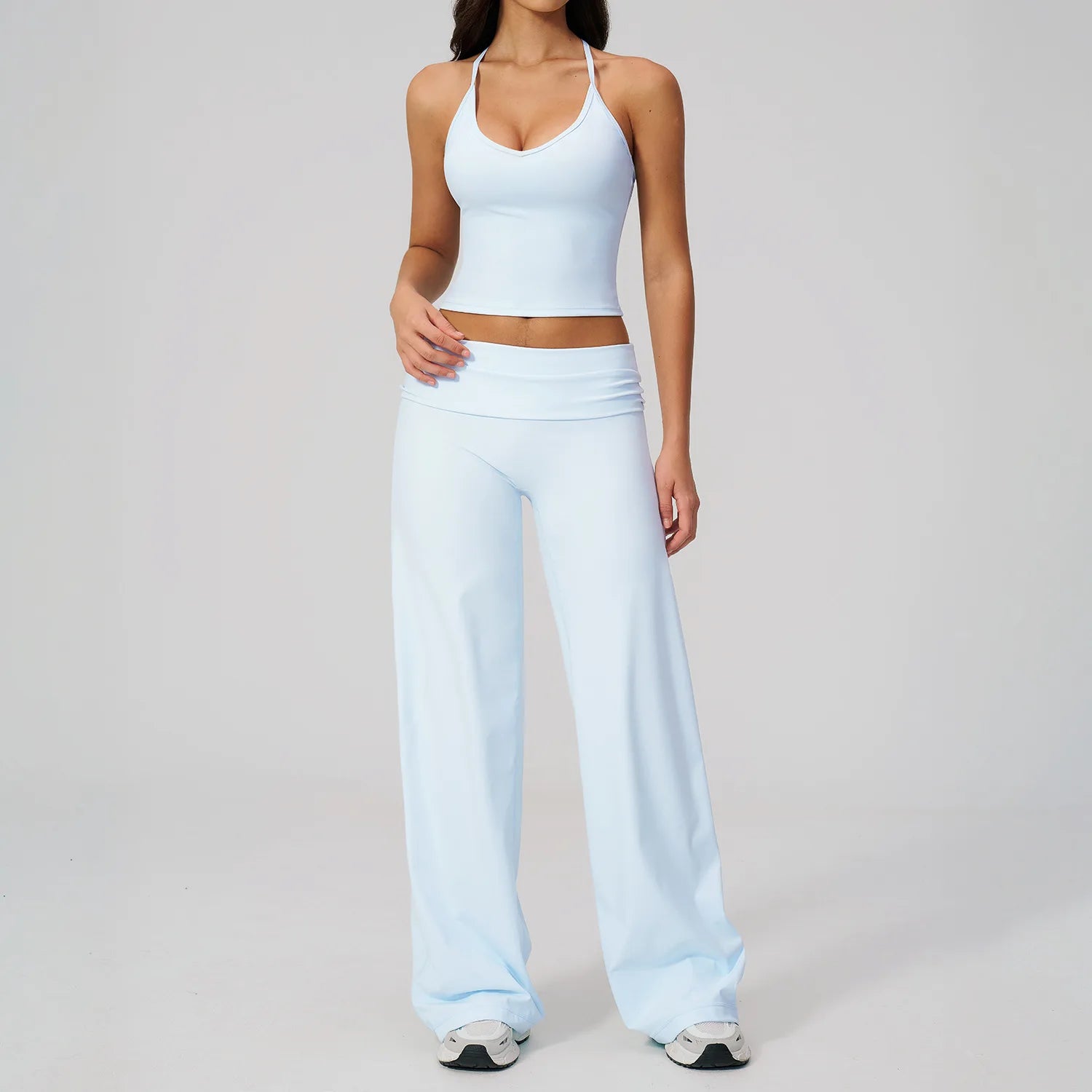 2PCS Fitness Suit Gym Tracksuits Deep V Yoga Bra Athletic Wear Female High Waist Workout Flared Pants Sports Set Yoga Clothes