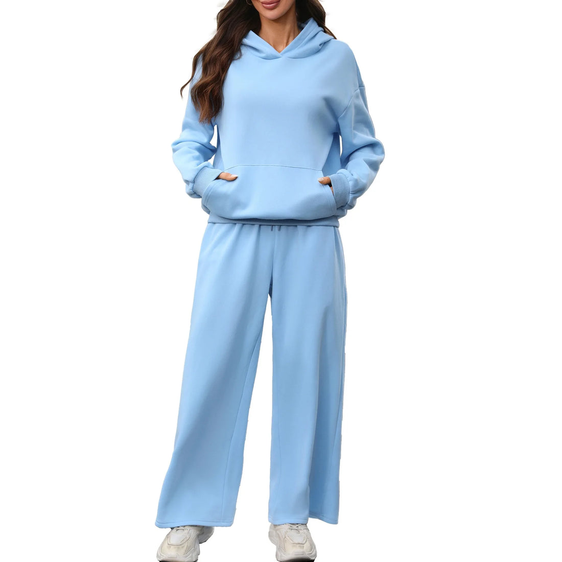 Women's Two-piece Tracksuit Sets Autumn Winter Ladies Casual Thick Hooded Long Sleeve Pullover Hoodie + Wide Leg Sweatpants