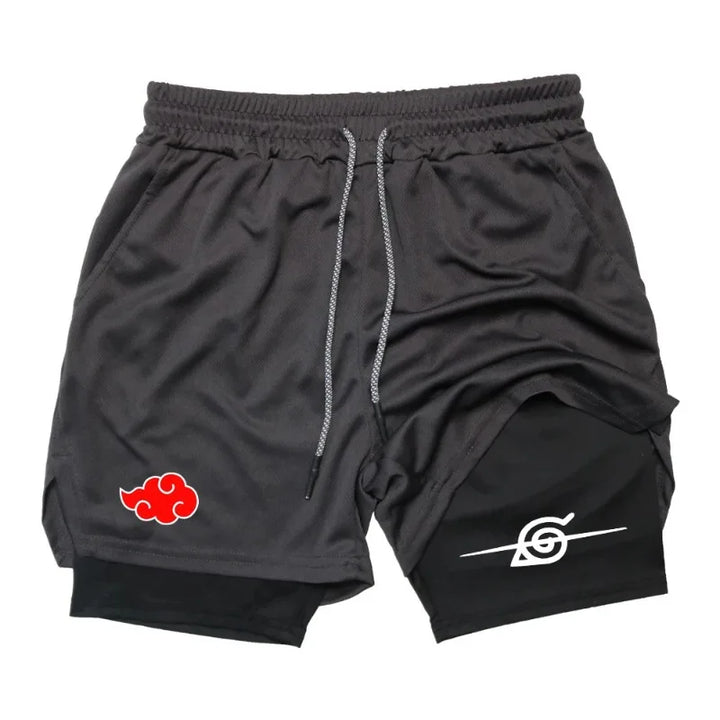 Men Anime Double Layer Shorts Gym Workout Sports Multi-Performance Training Hip-hop Quick-Drying Jogging Pants Towel Y2k Fitness