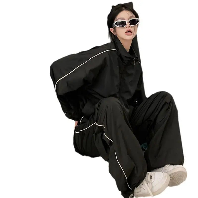 Black Tracksuit Sets Women Spring Autumn Casual Loose Black Sports Suit Female Zipper Jacket + Wide Leg Pants Two-piece Outfits
