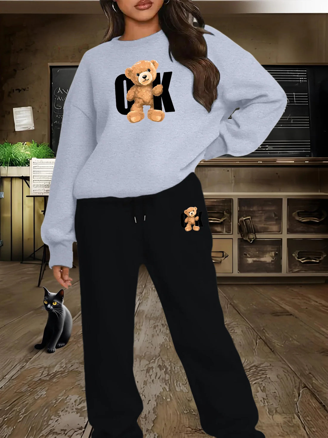 Women's autumn and winter hip-hop casual street fashion printed round neck sweatshirt+sweatpants warm suit