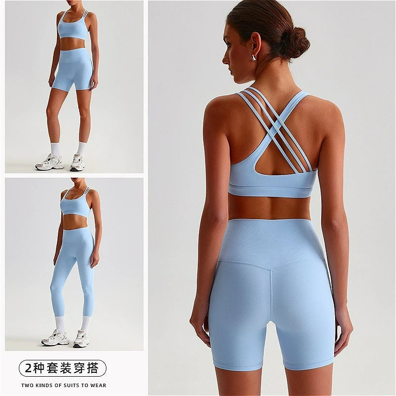 Women's Seamless Yoga Set Quick-Dry Sexy Backless Sportswear Bra High-waisted Shorts Outdoor Running Gym Fitness Workout Outfit - ATFH