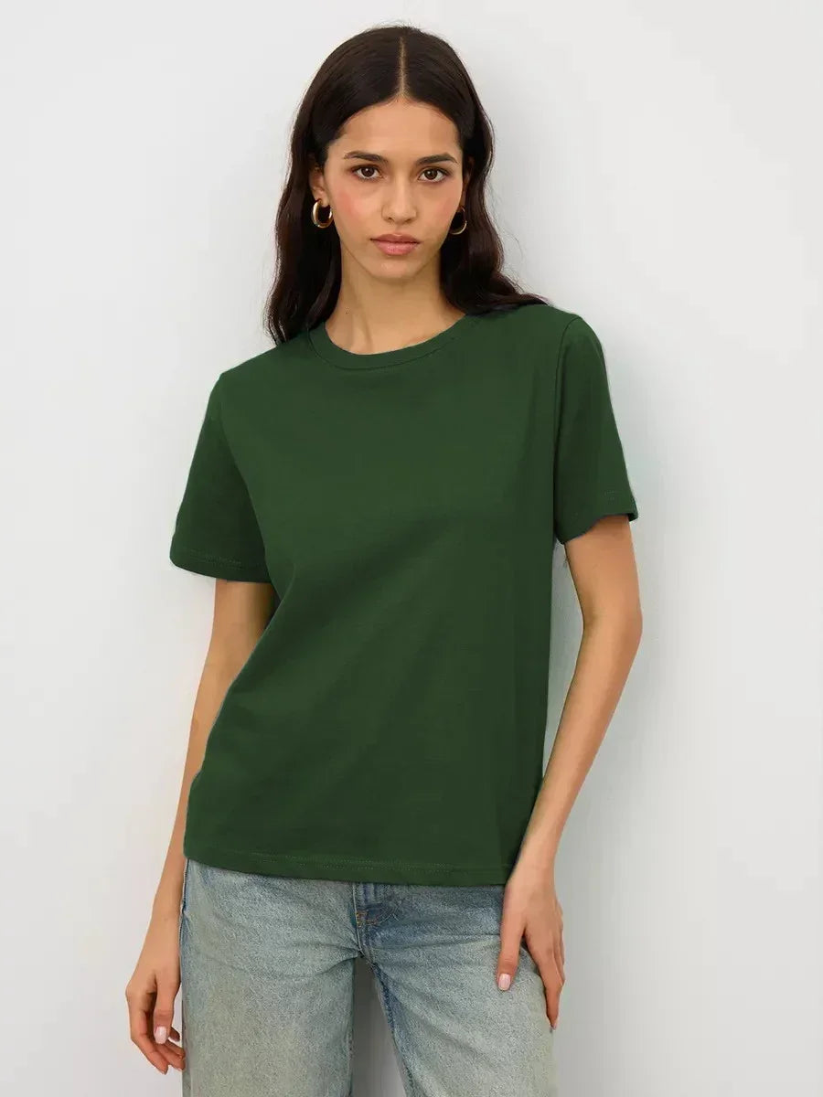 Sumuyoo Summer 100% Cotton Women's T-shirt Bottoming Basic Fashionable Lady Short Sleeve Loose Tops Shirts Solid 230g/㎡ Tops - ATFH