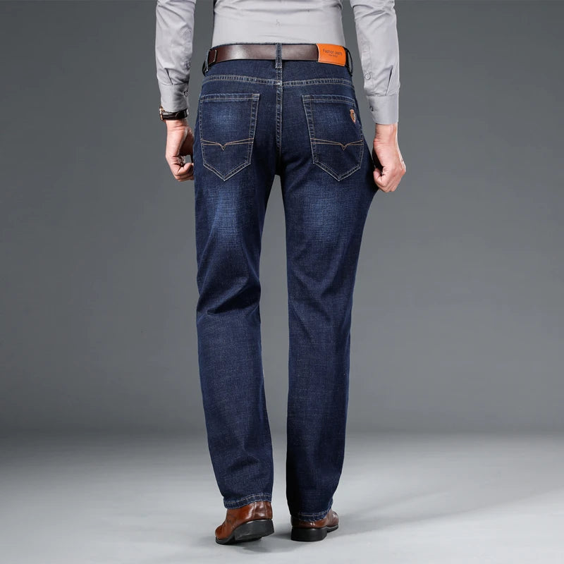 SHAN BAO 2022 autumn spring fitted straight stretch denim jeans classic style badge youth men's business casual jeans trousers ATFH