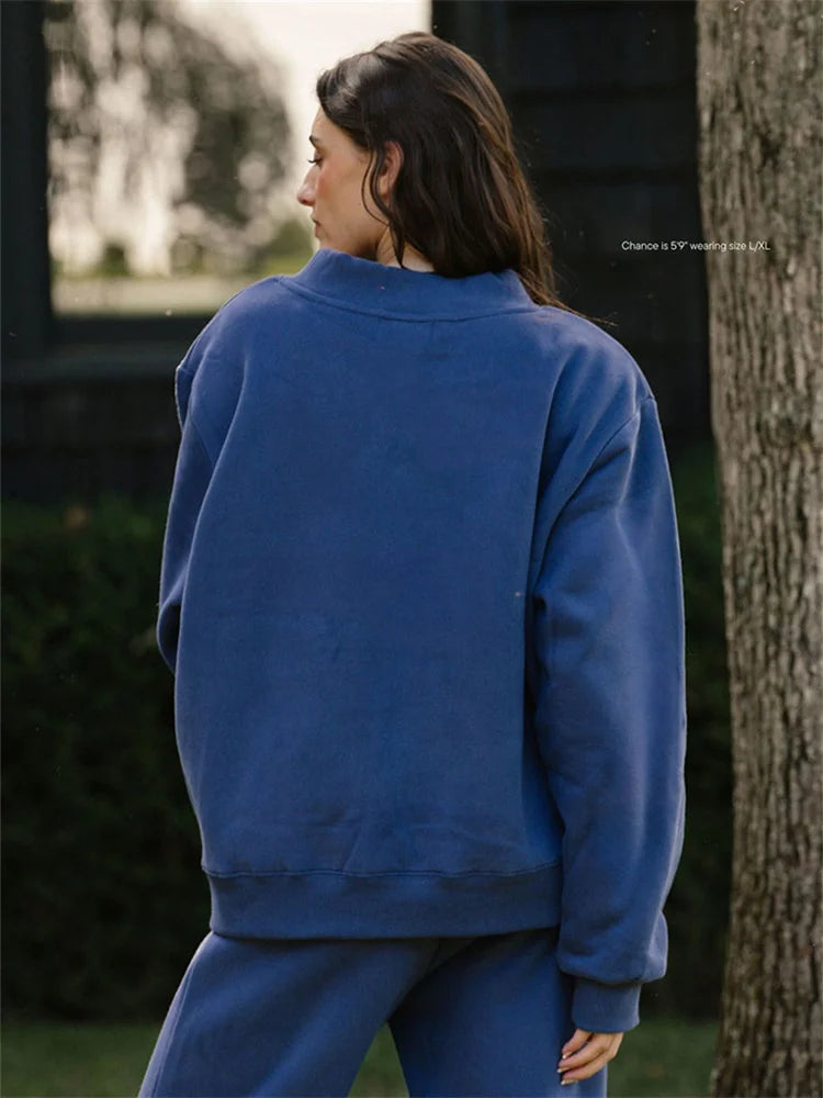 Women Letters Patch Embroidery Blue Sweatshirts Female Stand Collar Long Sleeve Pullover Casual Ladies Sports Top - ATFH