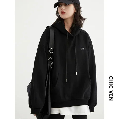 CHIC VEN Women's Sweatshirts Casual Hooded Soild Letter Embroidered Tops Loose Plush Warm Pullover for Woman Autumn Winter 2023