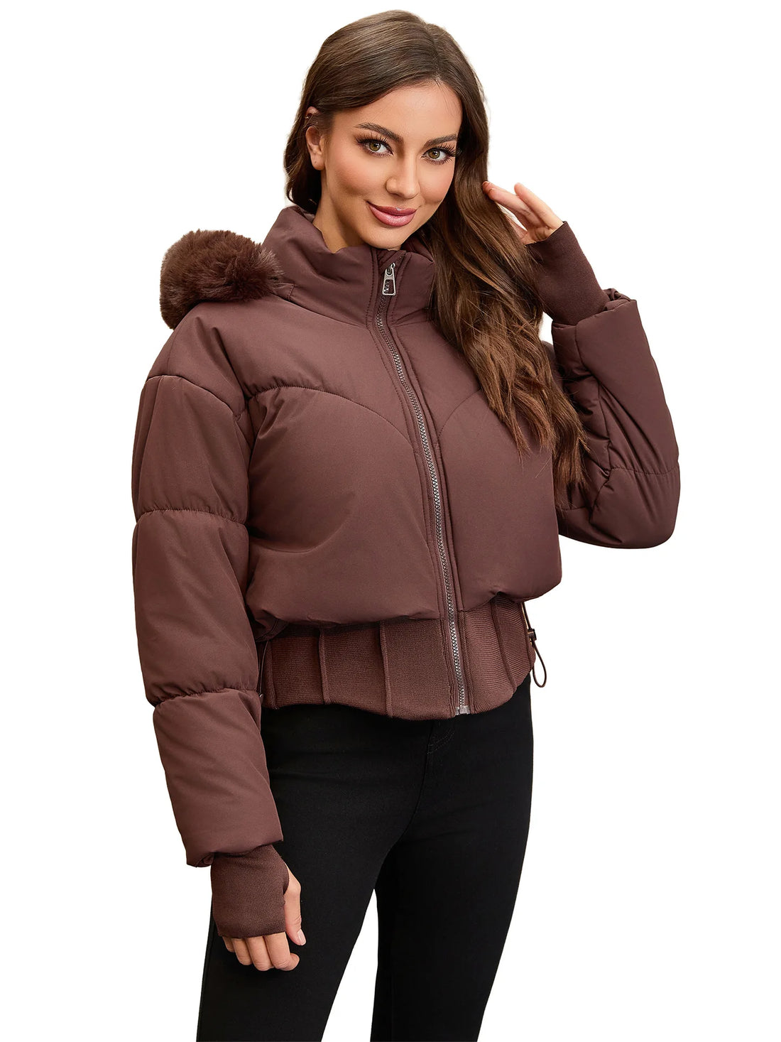 Women's Thickened Warm Cotton-Padded Jacket with Large Fur Collar And Hood Waist-Cinching Style