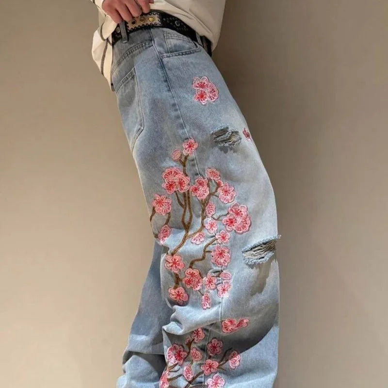 Harajuku Patchwork Cherry Blossom Embroidery Denim Pants Y2K Vintage Women Baggy Straight Wide Leg Jeans Street Men Clothes ATFH