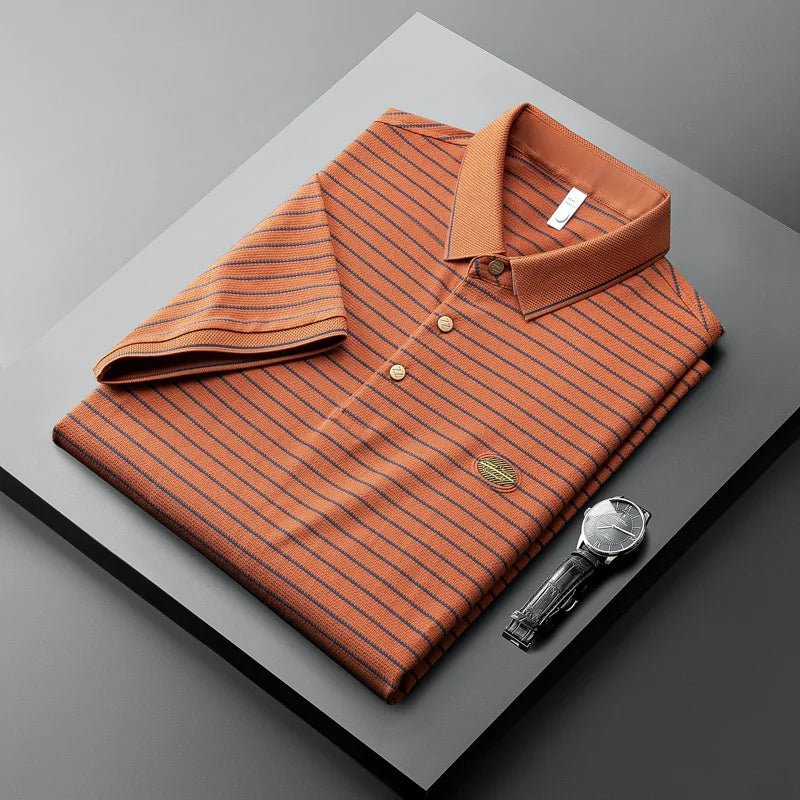 Men's short sleeved slim fit letter embroidered lapel T-shirt summer light luxury thin ice silk light cotton striped polo shirt