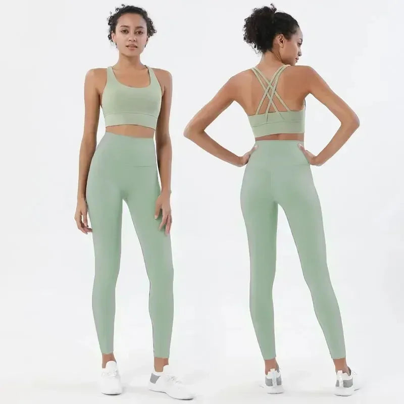 Women's 2 Piece Sports Set - High Waist Booty-Lifting Leggings with Back Pocket & Sports Bra Yoga/Gym/Running Workout Outfit - ATFH