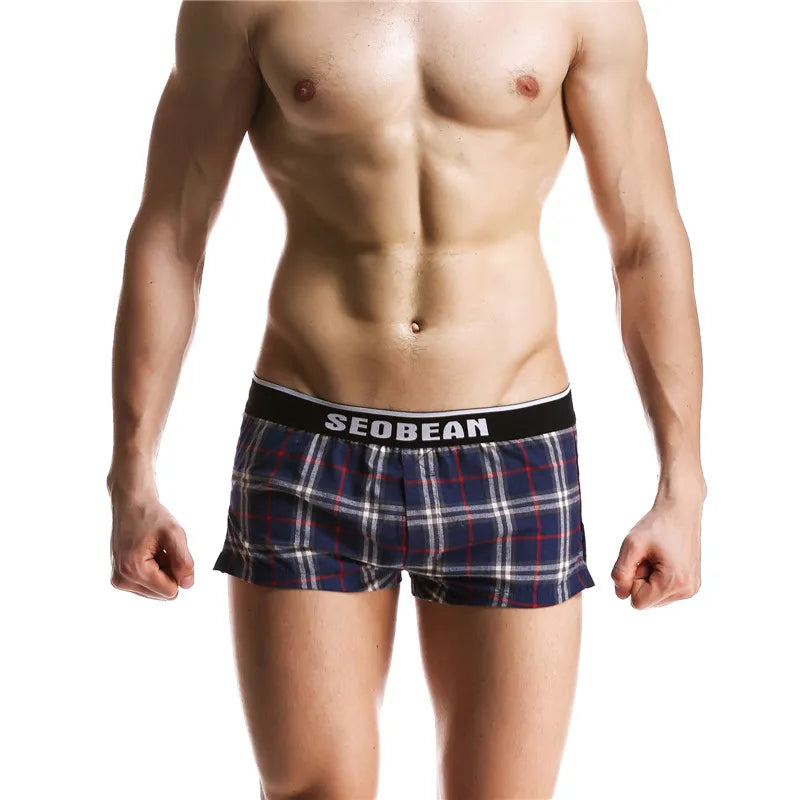 SEOBEAN Classic Plaid Mens Boxer Shorts 100% Cotton Underwear Boxershorts U convex Pouch Arrow Panties Shorts Men Sleep Bottoms