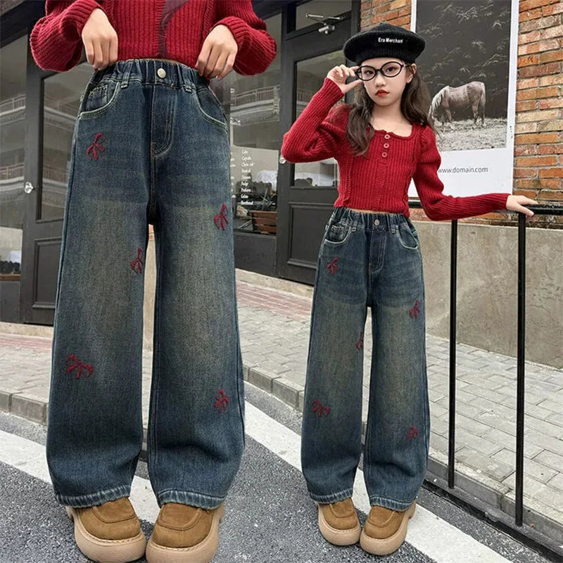 Girls Autumn Winter Plush Warm Denim Straight-leg Pants 5-14 Years Kids Fashion Bowknot Embroidery Jeans Casual Loose Sweatpants ATFH
