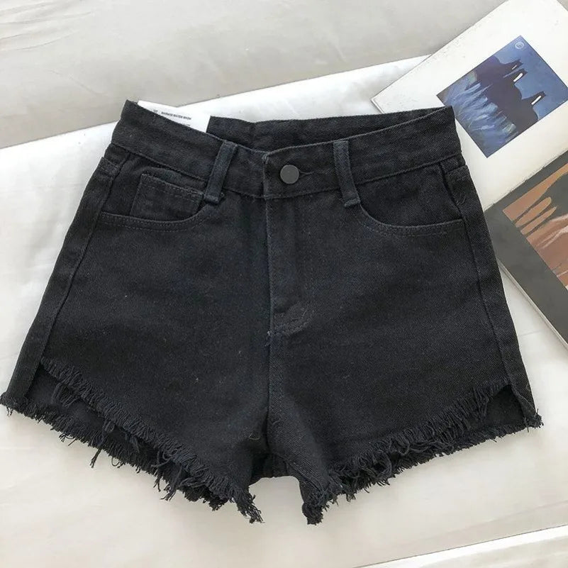 New Summer Women High Wiast Raw Hem Denim Shorts Soild White Black Blue Korean Wide Leg Pants Mon Shorts DURIKIES ATFH