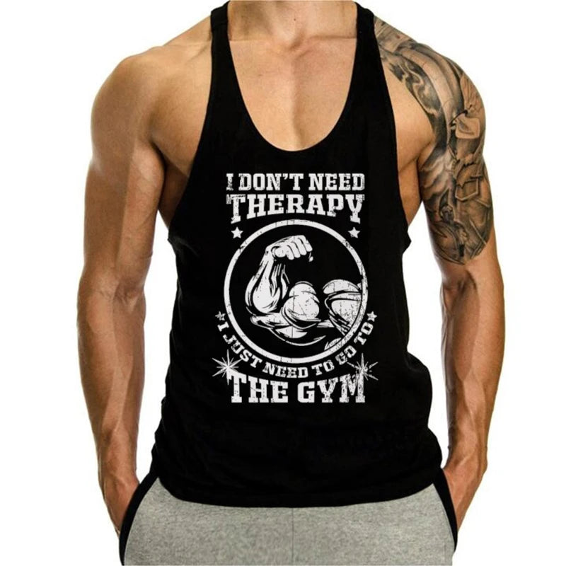 Men's "I don't need therapy, just the gym" Muscle Graphics Stringer Vest-Sleeveless Fitness, Bodybuilding and Plus Size Exercise