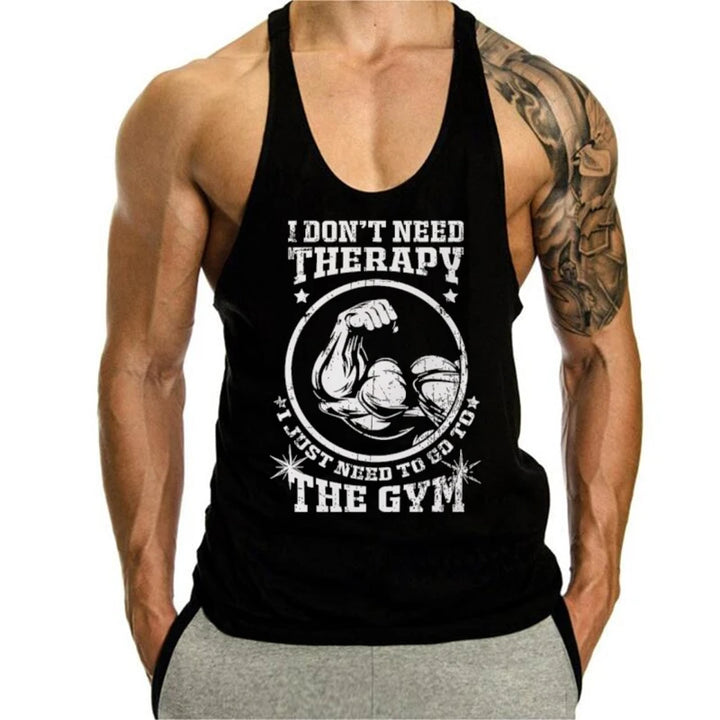 Men's "I don't need therapy, just the gym" Muscle Graphics Stringer Vest-Sleeveless Fitness, Bodybuilding and Plus Size Exercise