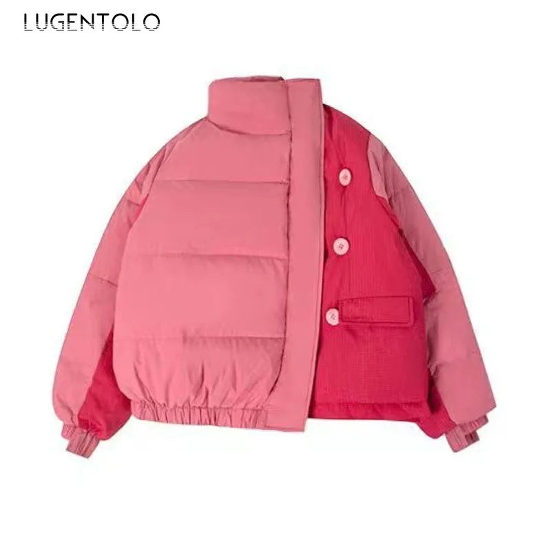 Women Y2k Parkas 2025 Contrast Color Thick Warm Down Cotton Bread Jacket Fashion Single Breasted Versatile Christmas Party Wear