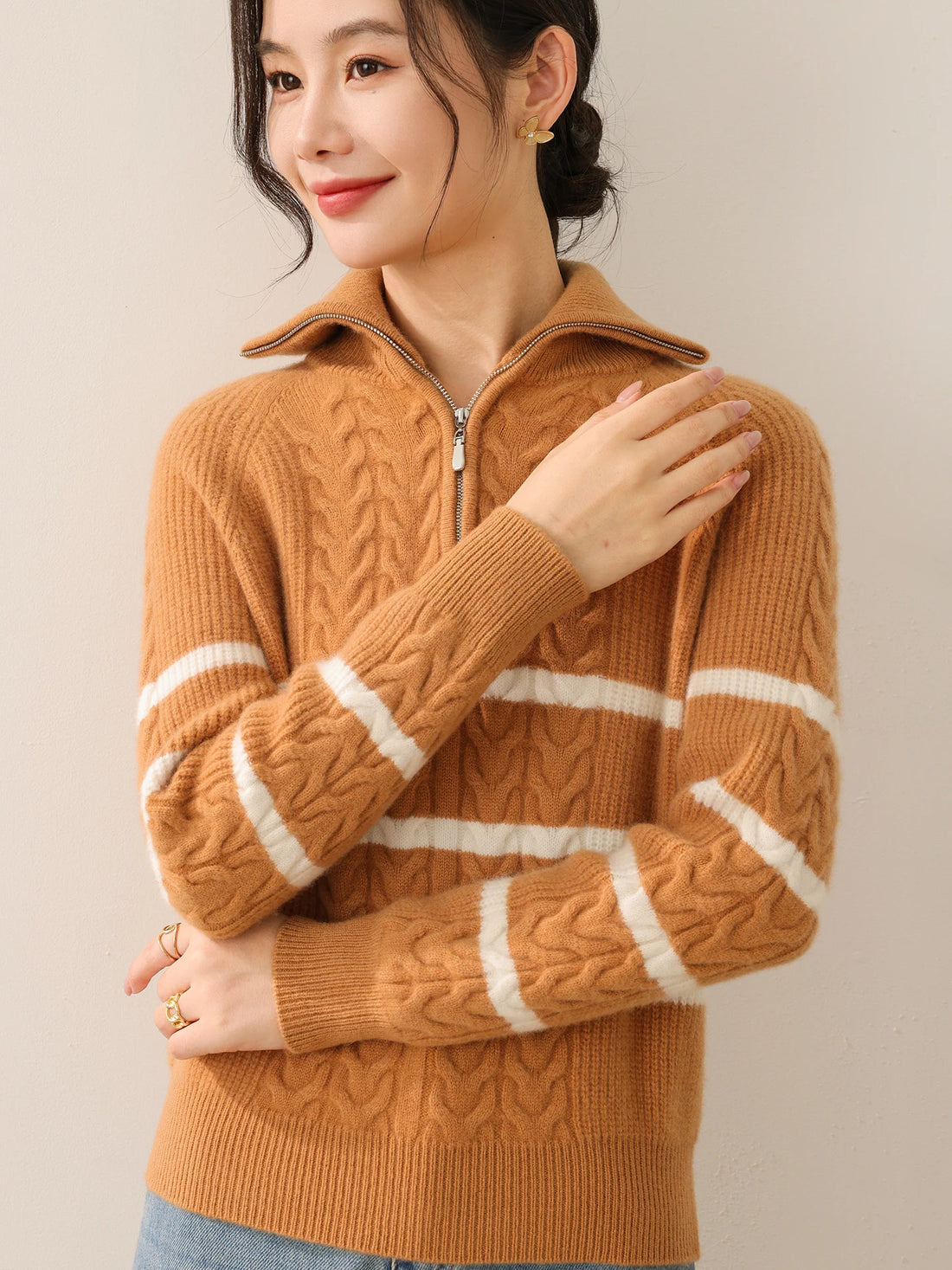 New Ladies Pullover 100% Merino Wool Loose Striped Color Blocking Sweater Autumn Winter Knit Thick Clothing Warm Soft Casual Top - ATFH