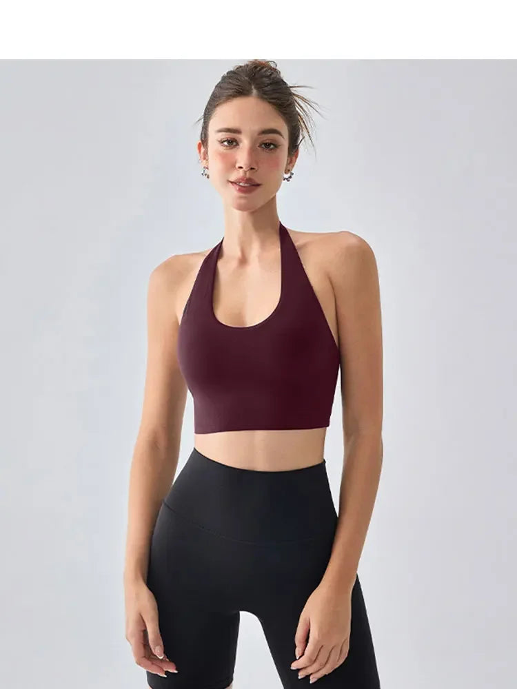 Women's Sexy Backless Padded Sports Bra Fixed chest pad Halter Neck Comfort Bare Navel Top Running Fitness Outdoor Sports Vest - ATFH