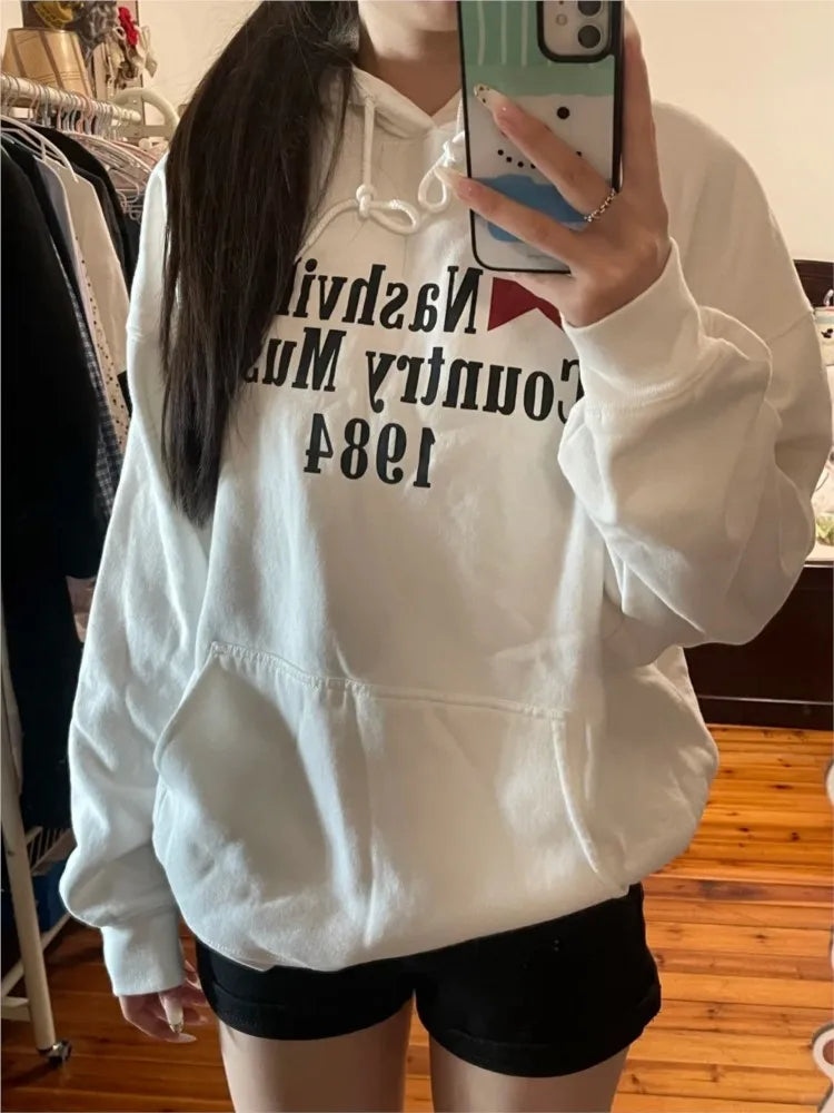 Autumn Letter Print Loose Drawstring Hoodies Women New Casual Pocket Streetwear Cotton Pullover Top Sweet Cute Sweatshirts OOTDS - ATFH