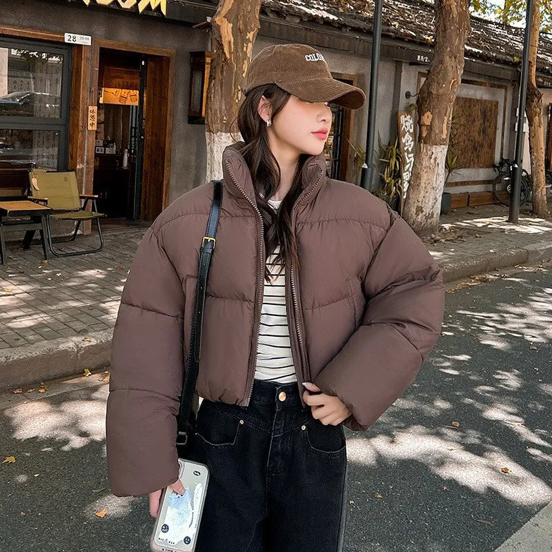 European American New Fashion Women's Stand Collar Long Sleeve Solid Color Casual Trendy Simple Basic Quiled Coats Female Parkas ATFH