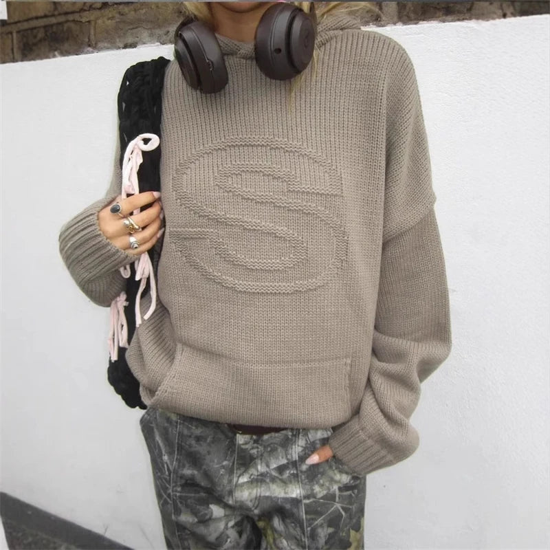 Y2K Retro S Letter Knit Hoodie Loose Casual Pullover For Women & Teens, Streetwear Campus Cozy Fall Outfit Halloween Gift - ATFH