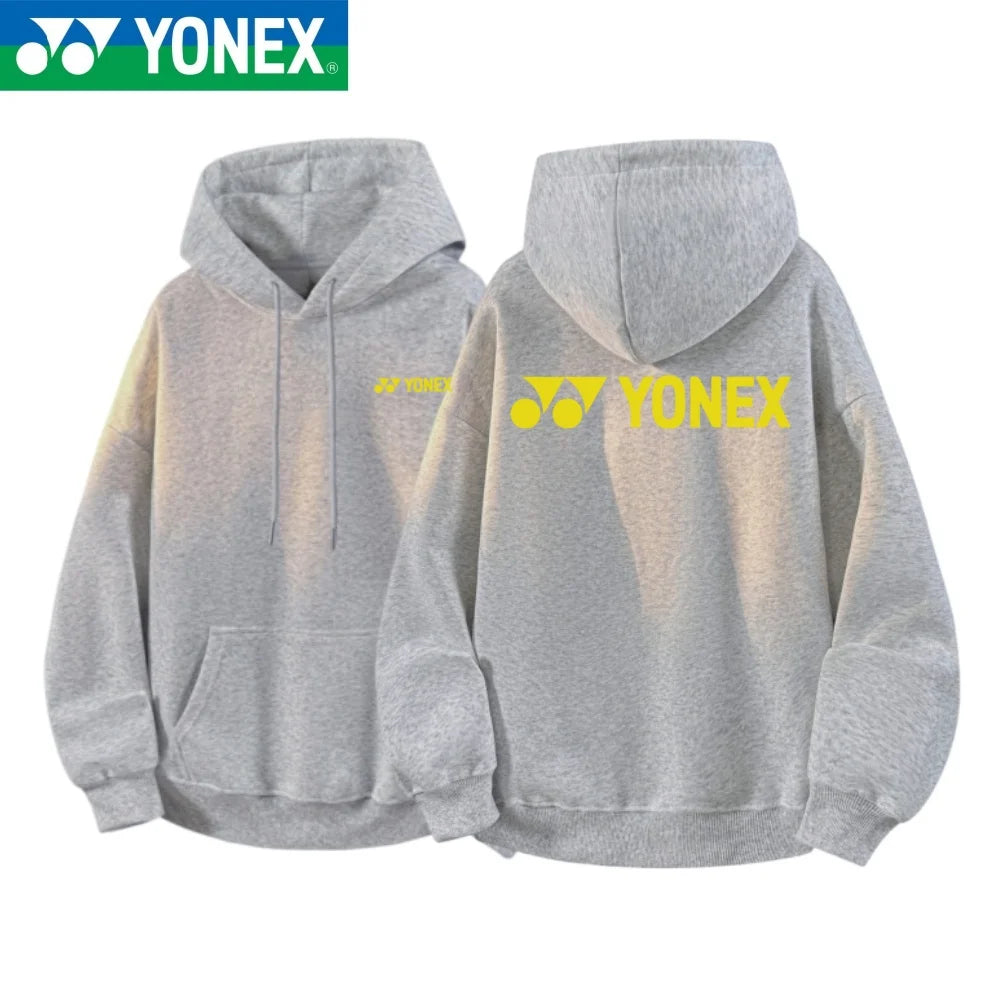 YONEX 2026 cotton hooded jacket with multi-color logos printed on the front and back, suitable for outdoor sports such as badmin