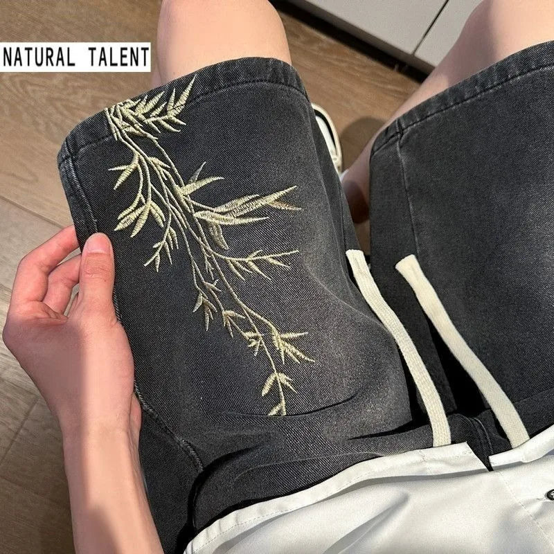 Men's 2026 Summer Retro Washed New Chinese Style Embroidered Denim Shorts Thin Loose Plus Size Streetwear 5-Pocket Capri Pants ATFH