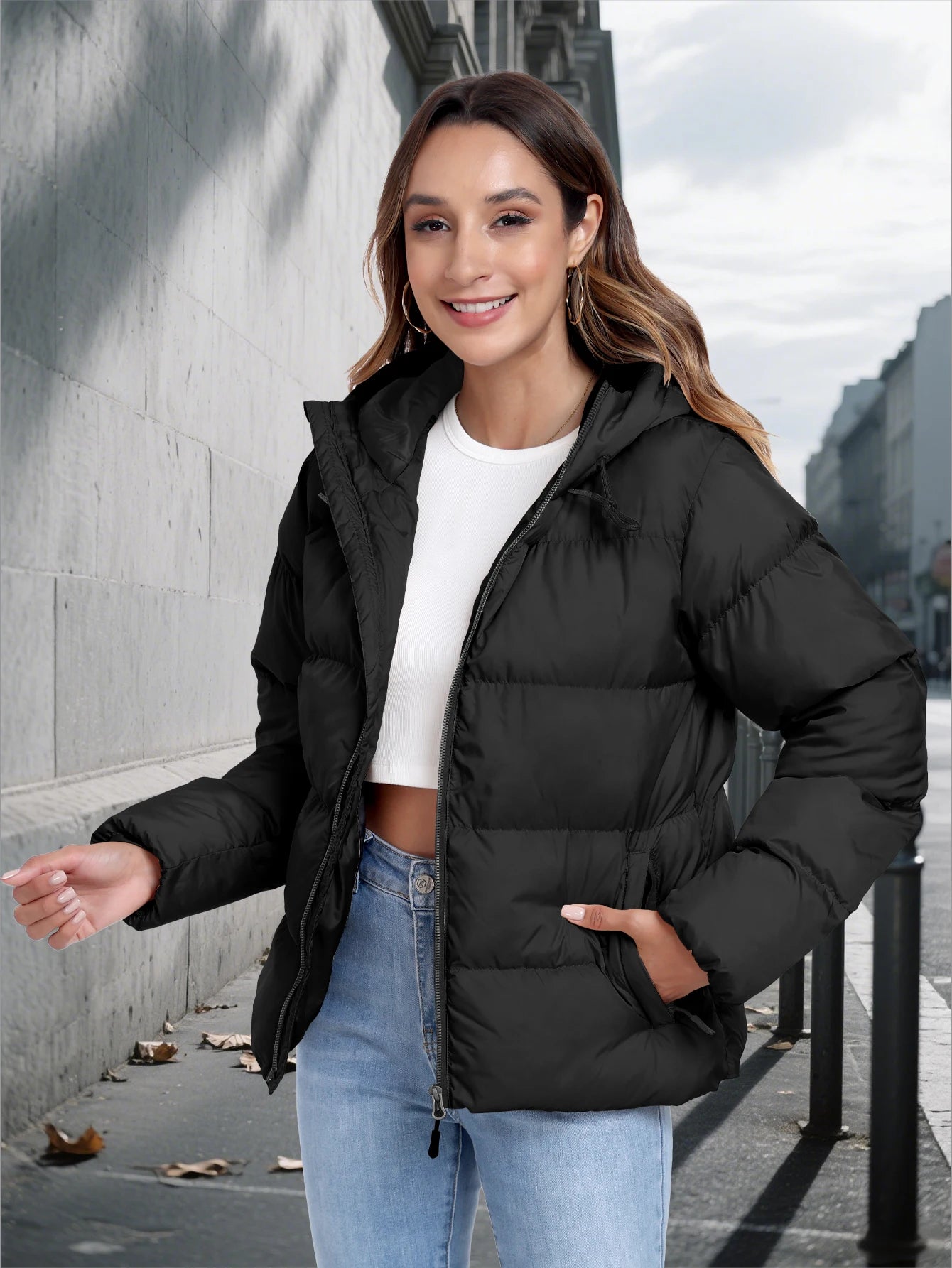 Women Lightweight Jacket Hooded Coat Zipper Pocket Fashion Casual Warm Coat with a Hat Autumn Winter Coat