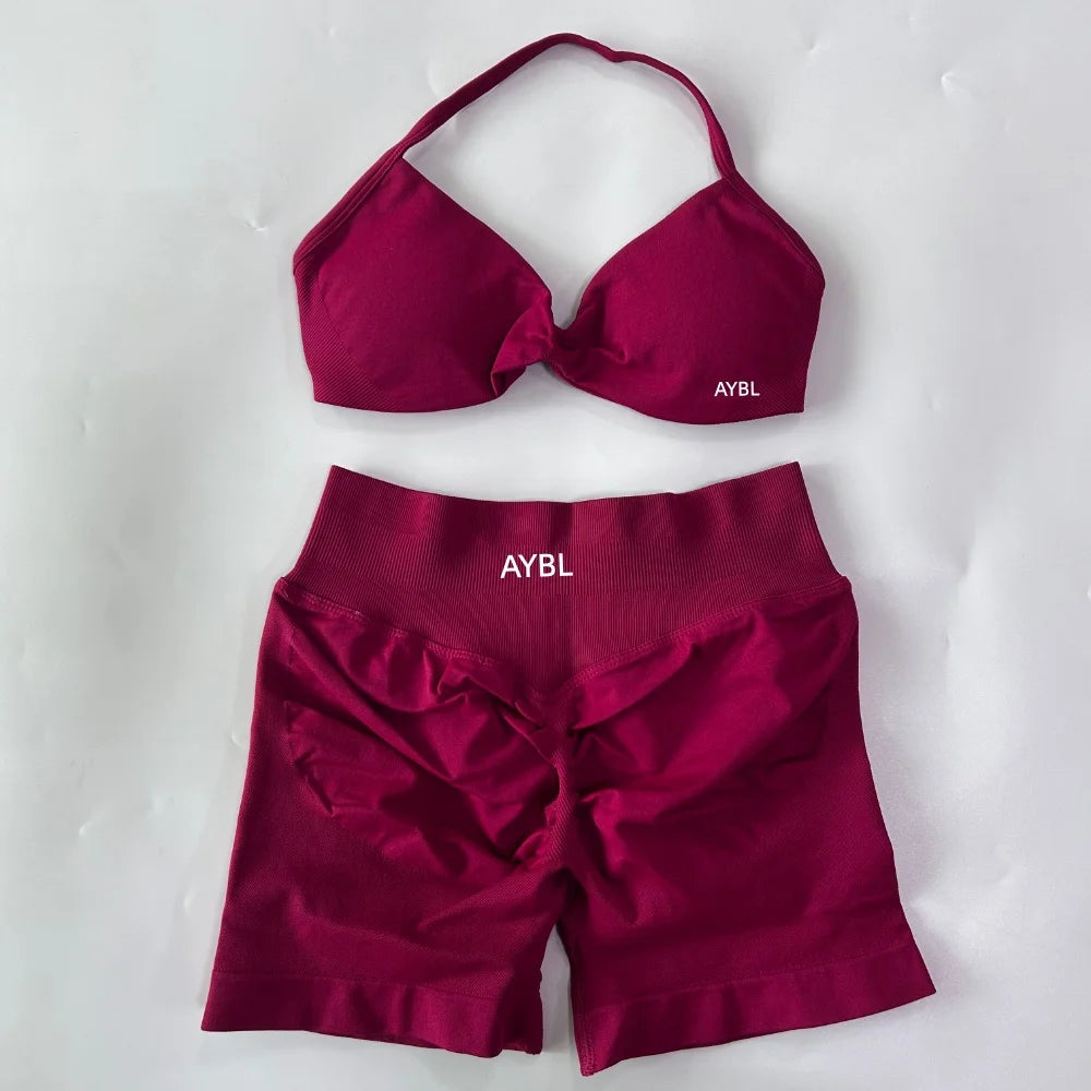 Trendy 2PCS Gym Set Women Strappy Yoga Bra Top High Waist Workout Scrunch Shorts Sports Suit Seamless Yoga Set Fitness Clothes Tahsi Fashion House