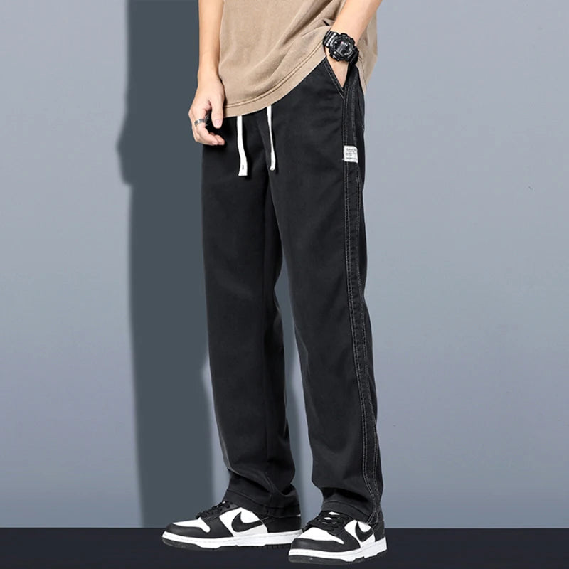 Summer Soft Lyocell Fabric Men's Jeans Thin Loose Straight Pants Drawstring Elastic Waist Korea Casual Trousers Plus Size M-5XL ATFH