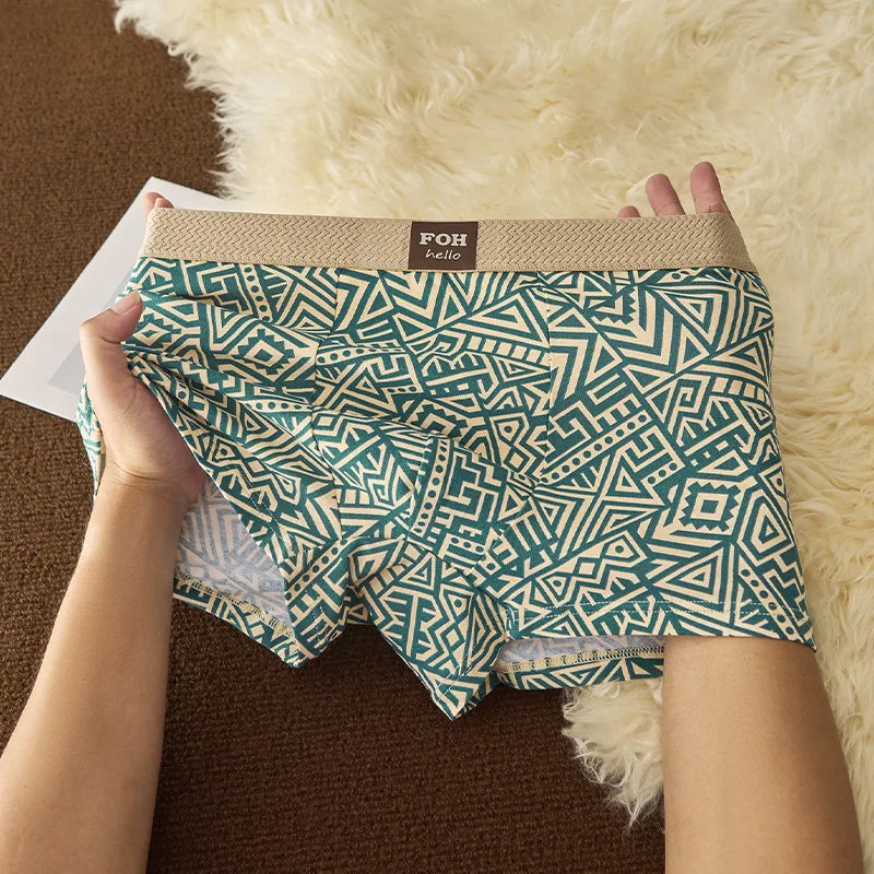 1/3 Pcs Men's Cotton Boxer Shorts Breathable Comfortable Underwear Man Printed Trendy Ethnic Retro Square Underpant Male Panties