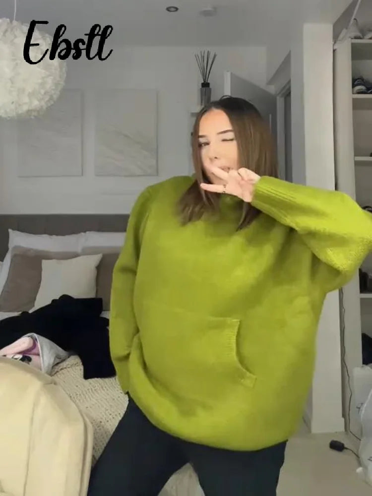 Knit Hooded Pullovers Women's Loose Solid Full Sleeve Pockets Sweaters 2025 Autumn Winter New Lady All-match Tops Streetwear - ATFH