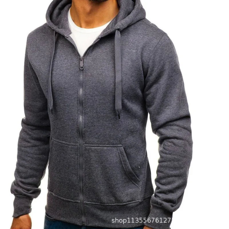 Men's Solid Color Hooded Hoodie Zip Up Cardigan Sweatshirt Casual Streetwear Tracksuit for Spring Autumn Male - ATFH