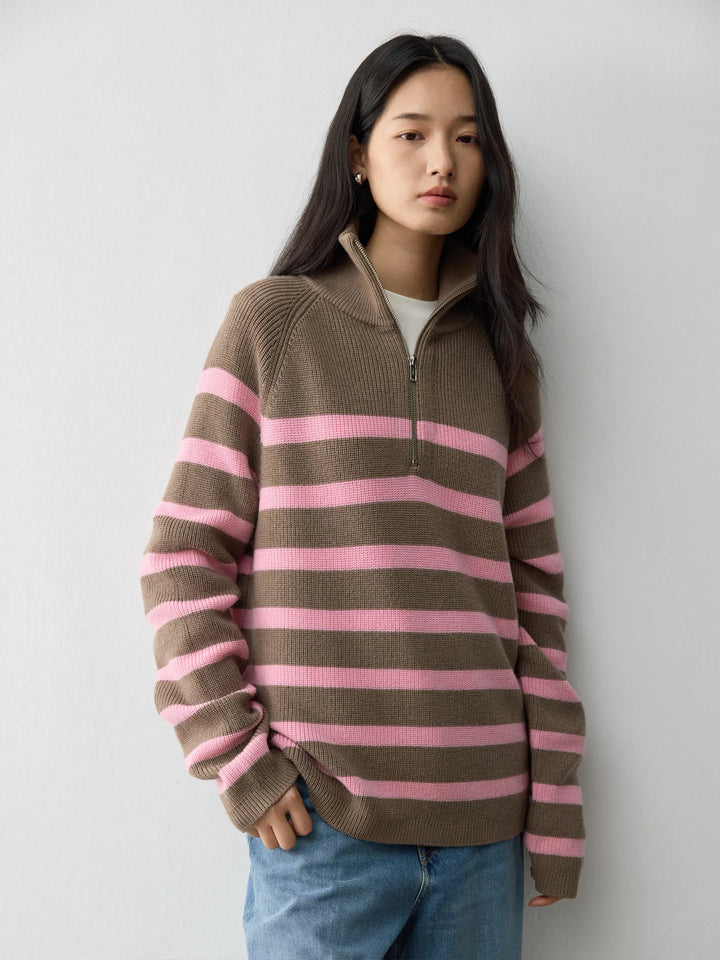 Heavy German BY worsted wool, classic contrasting stripes loose lapel half zip knitted sweater - ATFH