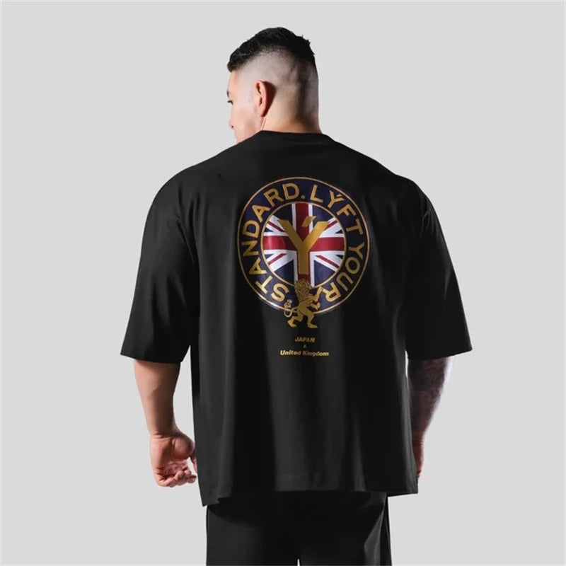 LYFT Men Cotton Black White Short Sleeve Gym Fitness Oversized T-Shirt Summer Fashion Loose Casual Men's Shirt Sports Tees Tops ATFH