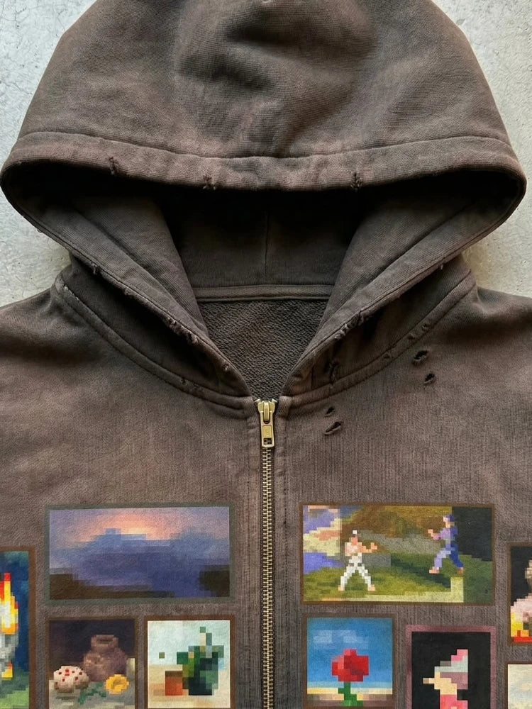 Y2K Retro Gallery Hoodie Brown Pixel Painting Art Pattern Zip Up Sweatshirt Trendy Classic Streetwear Unisex Oversize Clothing - ATFH