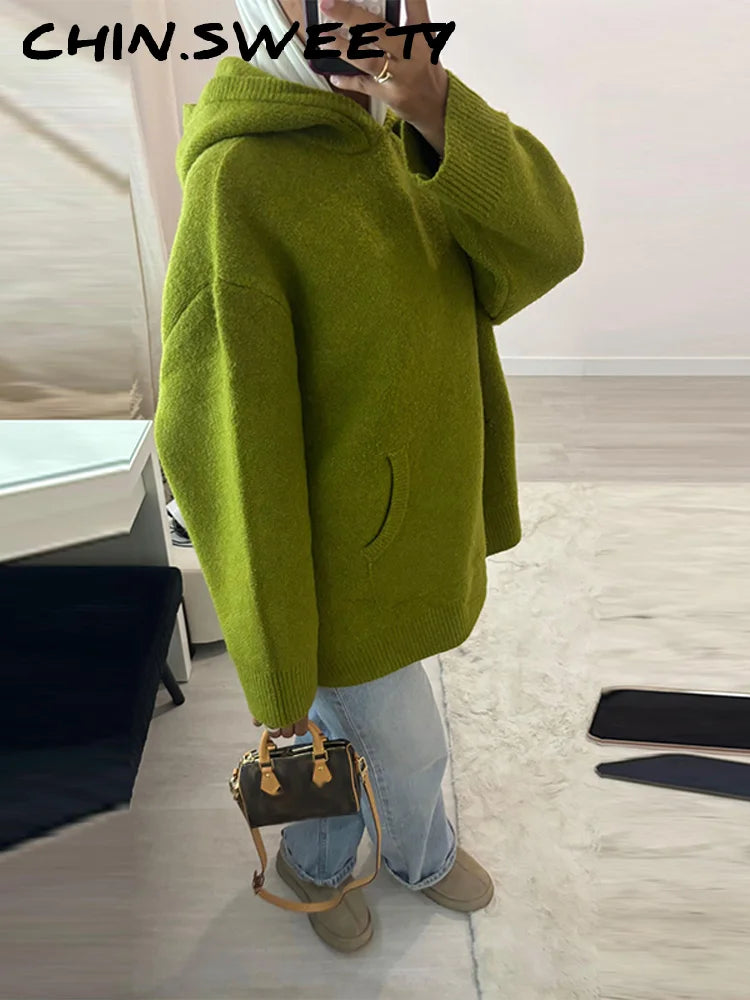 Casual Hooded Knitted Women's Sweater All-matching Green Loose Full Sleeve Pocket Lady Pullover Fashion Spring Female Top 2026 - ATFH