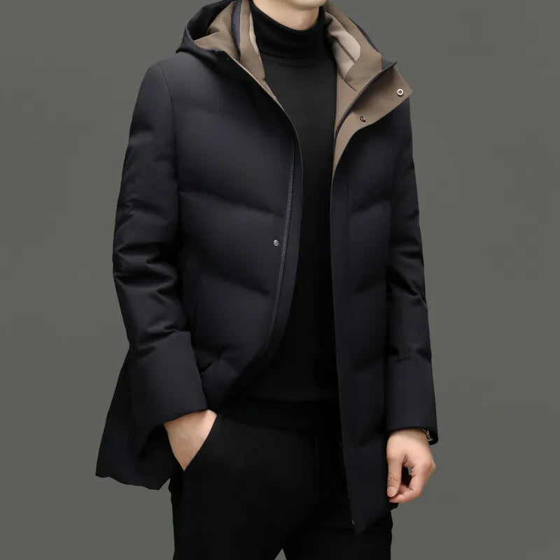 Casual 2026 Winter Men's Warm Mid-Length Hooded Duck Down Jackets Outwear Loose Windproof Puffer Coat Thick Padded Tops Clothing