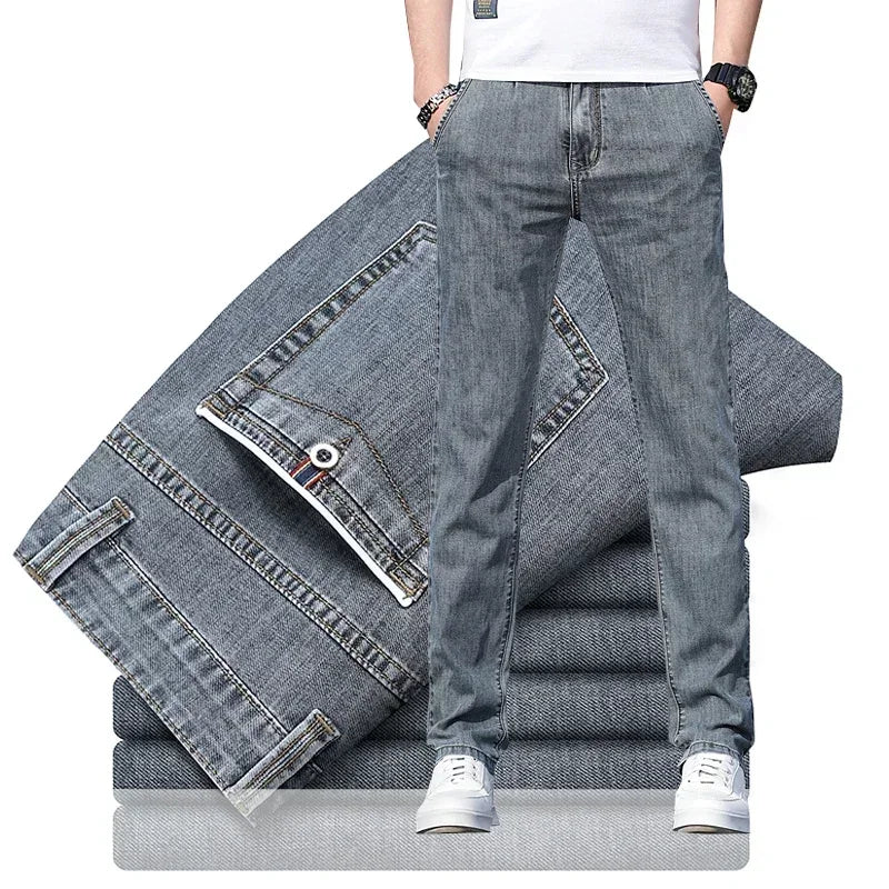2025 Summer New Men's Loose Gray Jeans Fashion Casual Stretch Straight-leg Denim Pants Male Light Blue Men's Trousers ATFH
