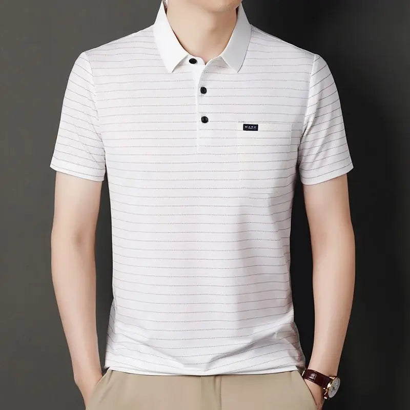 Summer Men's Short-sleeved Lapel Stripe T-shirt with Real Pocket Loose Casual Thin Polo Shirt
