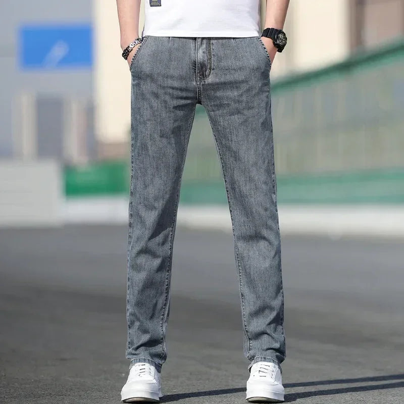 2025 Summer New Men's Loose Gray Jeans Fashion Casual Stretch Straight-leg Denim Pants Male Light Blue Men's Trousers ATFH