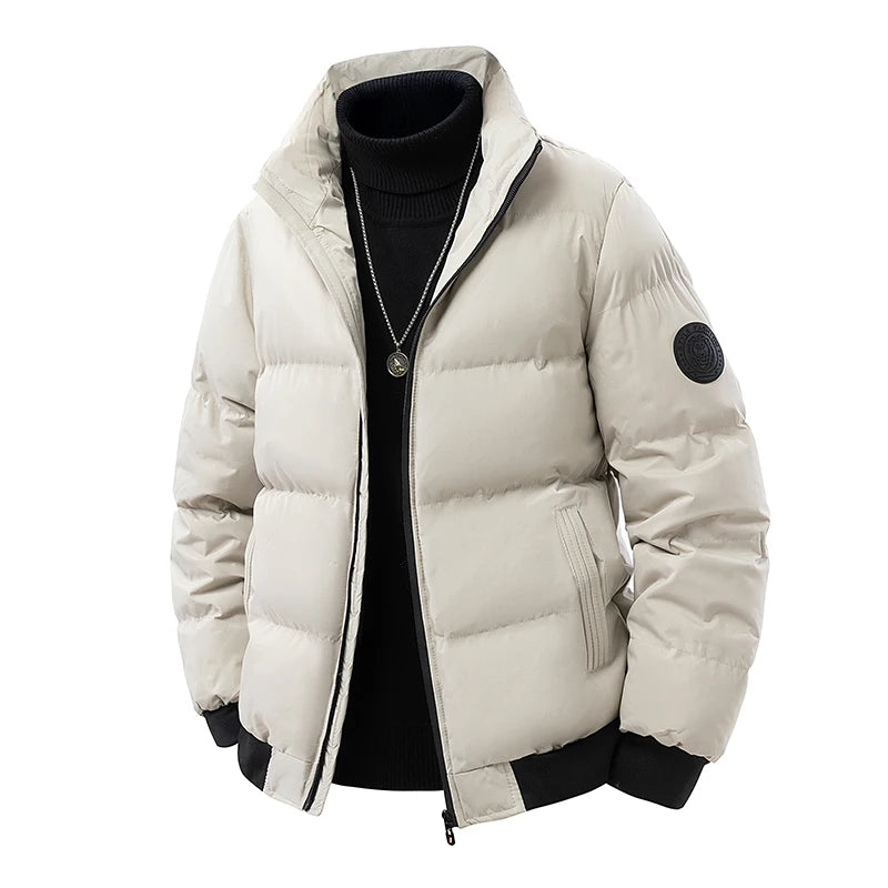 Winter Men's Stand Up Collar Zipper Parkas Thick Cotton Coats Solid Color Street Fashion Style Business Casual Jacket Plus Size